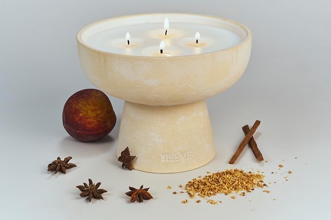 Blueme Calm Candle | Osmanthus & Sandalwood | 4 Wick - Refillable Wellness Candle with Essential Oils, Hand Finished & Poured Soy Wax Blend Ceramic Vessel, Natural Cotton Wicks | Large 24 oz