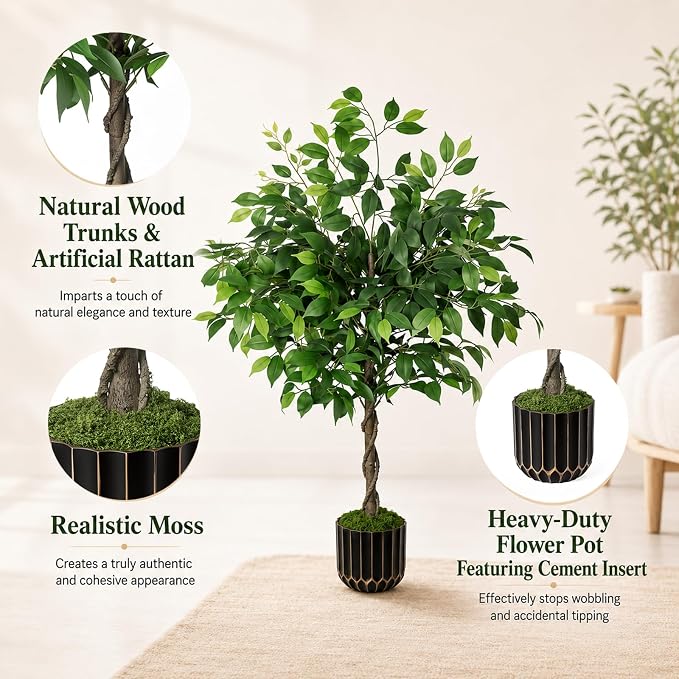 4ft Artificial Ficus Tree with Weighted Base – Faux Silk Floor Plant for Home, Office & Corner Decor