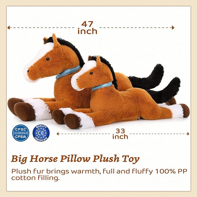 MaoGoLan Giant Horse Stuffed Animal, Large Horse Plush Toy for Girl Boy Kids, Big Ridable Stuffed Pony Plush Pillow for Easter Birthday Gifts or Party Favor Decor, 33 inches, Tan