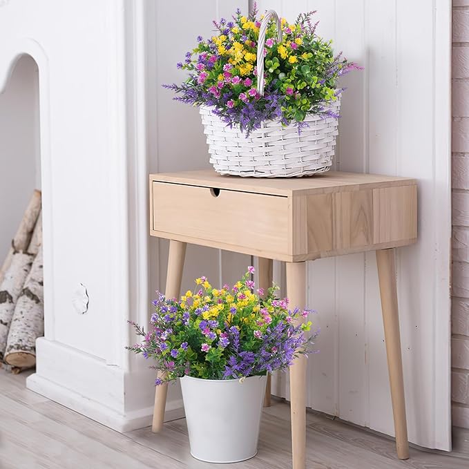 Hananona 24 Pcs Artificial Flowers Outdoor, Faux Artificial Plants UV Resistant Plastic Flower Bulk for Hanging Planter Porch Window Home Wedding Fall Summer Decor (24, Fuchsia, Purple, Yellow, Green)