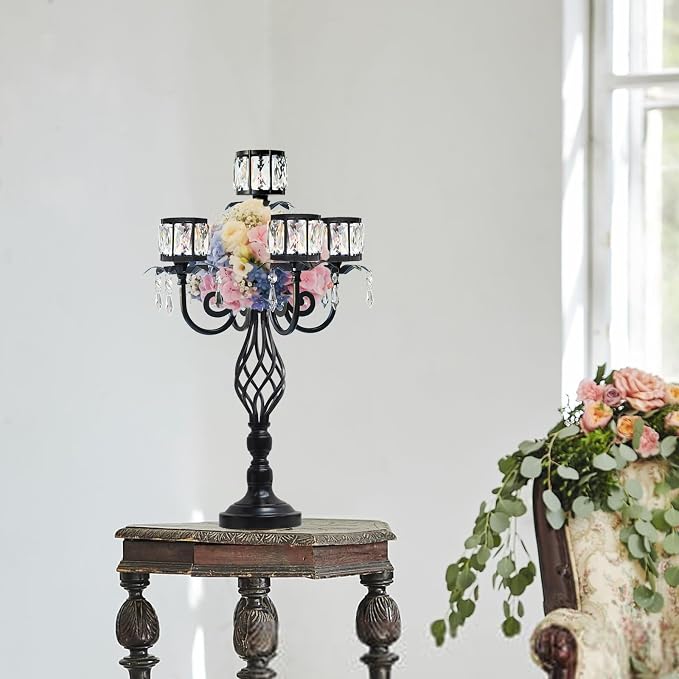 23.2 inch Tall Elegant and Chic 5 Arm Pendant Crystal Candlestick Holder Table Decoration tealight Candle Holder, Candelabra for Gorgeous Wedding/Parties Table Centerpiece (4, Black)
