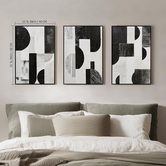 Zessonic Abstract Black White and Grey Wall Art Framed Geometry Canvas Print Modern Contemporary Edgy Block Artwork for Living Room, Bedroom, Office Decor - Set of 3, 16x24 Inch (Ready to Hang)