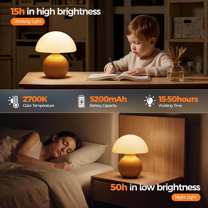 NIORSUN Mushroom Lamp Table Lamp for Bedroom, Portables Cordless Table Lamps Set of 2,Wireless lamp,Bedside Tables Touch for Living Room,Mini Mushroom 5200mAh Battery Operated Lamps Modern Orange