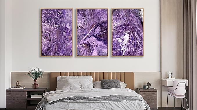 Large Canvas Wall Art for Living Room Natural Wood Float Framed Art Set of 3 Purple Abstract Pictures Minimalist Artwork Canvas Prints for Bedroom Home Office Wall Decor 24X36inX3pcs