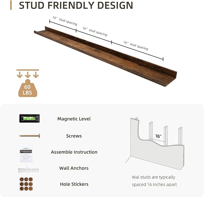 Acovy Picture Ledge Shelf, Wood Long Floating, Set of 2, 56 inch, Brown | Wall Mounted, For Living Room Kids' Room Bedroom, Photo Ledge Nursery Book Shelves