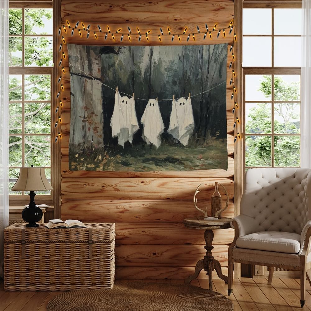 Vintage Halloween Tapestry Funny Ghosts on Clothesline Tapestry Wall Hanging Farmhouse Gothic Room Decor Spooky Ghost Prints for Dark Academia Halloween Party House Decoration Tapestries 70x90inch