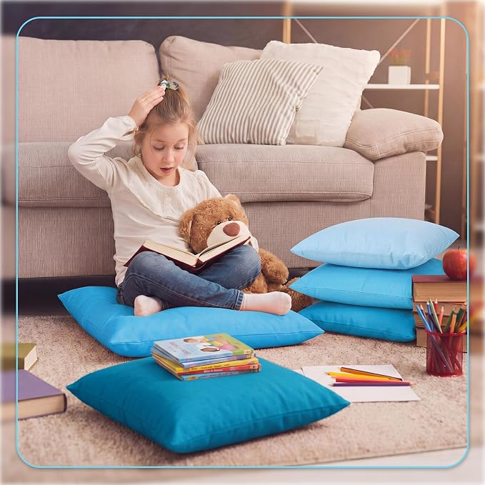CroBlissful 4 Pieces Extra Large Floor Pillow Set, 27 x 27 x 8 Inch Kids Jumbo Floor Pillows Flexible Seating for Classroom Reading Corner Playrooms Home School, Waterproof (Blue Series)