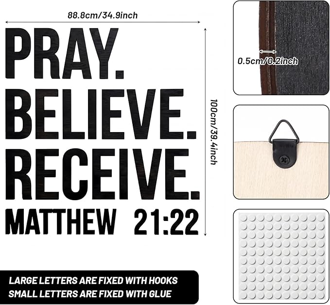 AceOrbit Christian Bible Verses Wall Art Decor Pray, Believe, Receive, 39.4" x 34.9" Wooden Religious Scripture Jesus Wall Decor 3D Letters Hanging Prayer Decoration for Church Home