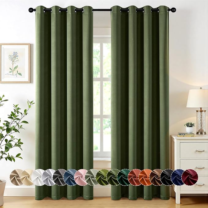 MIULEE Olive Green Blackout Curtains for Bedroom Living Room 84 Inches Long 2 Panels, Thermal Insulated Room Darkening Drapes Solid Grommet Noise Reduction Light Blocking Window Treatments 50x84 Inch