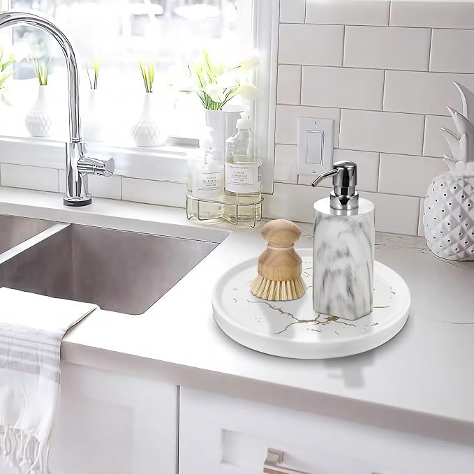 White Round Marble Bathroom Sink Vanity Tray, Coffee Table Stone Tray, Soap Dish for Kitchen Counter (White, 8 in)