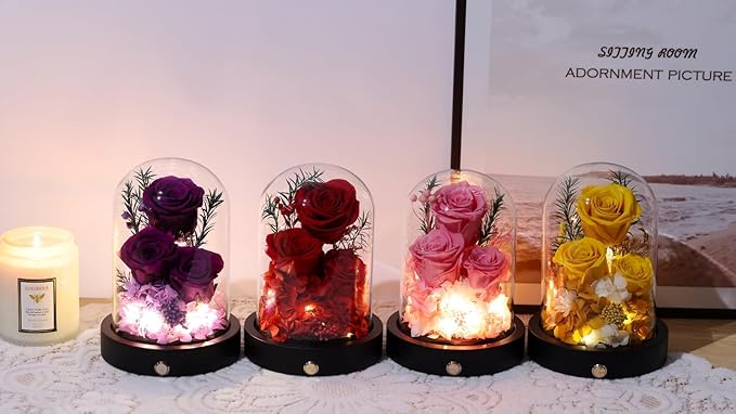Preserved Flowers in Glass Dome with LED,Red Roses for Delivery, Valentines Day Gifts for Women Her Wife Mom on Mothers Day, Anniverysary, Birthday