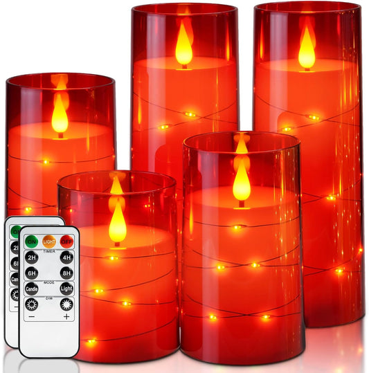 Homemory Acrylic Flameless Candles with Embedded Star String Fairy Lights, Battery Operated Candle, LED Candles, Fake Candles with Remote Control and Timer, Red, Set of 5(H4 5" 6" 8" 8")