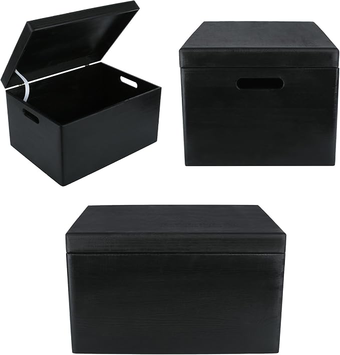Creative Deco Large Black Wooden Box Storage with Hinged Lid | 15.8x11.8x9.44in (+-0.5) | Keepsake Gift Box Storage Document | Wood Chest Trunk PRODUCT NOT INTENDED FOR 15 YEARS OR BELOW | Solid pine storage box with a lid for keepsakes, crafts, statio...