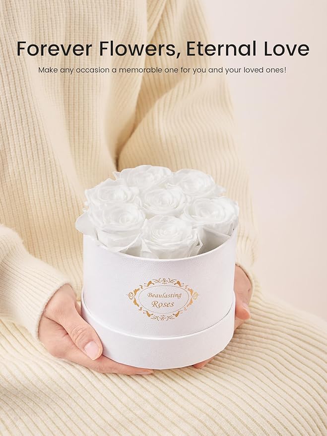 Beaulasting Long Lasting Preserved Roses in a Box Last a Year Forever Flowers for Her Mom Wife Anniversary Birthday (Round White Box, White)
