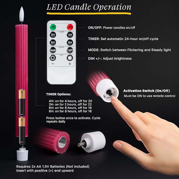 12 Pack, 10" LED Flameless Pink Fluted Ribbed Grooved Taper Candles with 2 Remotes & 24h Timer Memory, On/Off Button, Dimmable, Flicker Mode, Battery Operated, Christmas Menorah Wedding