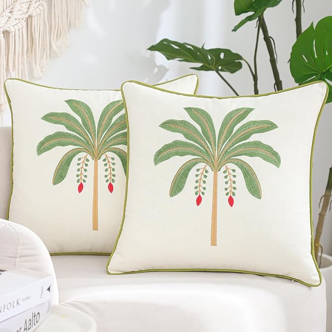 Palm Tree Pillow Covers 18x18 Inch Set of 2 Vintage Tropical Embroidered Throw Pillow Covers Outdoor Decorative Cushion Cover Sage Green Square Pillowcase for Spring Summer Home Decor