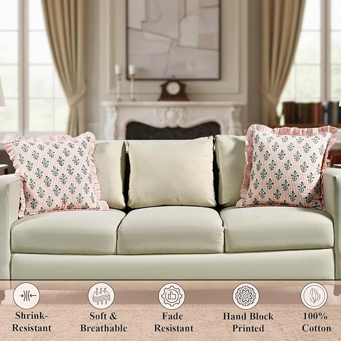 Ridhi Block Print Salmon Blossom Throw Pillow Cover 18" x 18" (Pack of 2) Decorative Cushion Covers with Ruffle for Couch, Sofa, Bed, Living Room, Home Decor Gift for Spring, Easter, Valentine