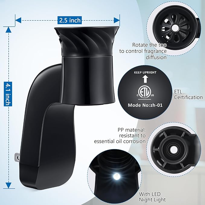 Hohean 2 Pcs Wall Fragrance Plug with Night Light Compatible with Bath and Body Works WallFlower Refills (No Fragrance Included), ETL Certified, Rotatable Scent Control Plug for Home/Office (Black)
