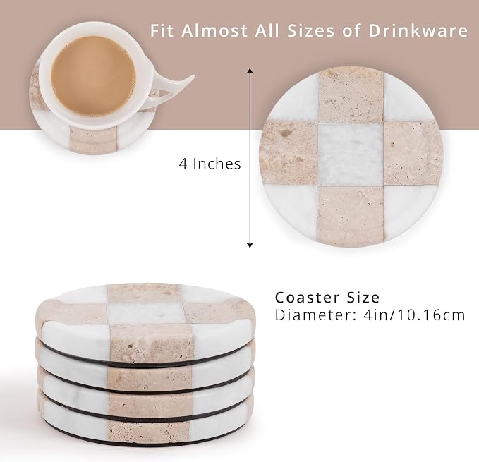 Marble Coasters Set of 4, Travertine & White Handmade 4 inch Round Checkered Stone Coaster, Drink Coaster Plates for Living Room, Trendy Office Desk Accessories & Home Décor