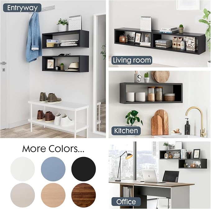 Kaboon 24in Floating Cube Shelves Set of 2, Display Shelves Wall Mount, Decorative Hanging Shelves for Kitchen Living Room Office,(Black, Rectangle 2 Cubes)