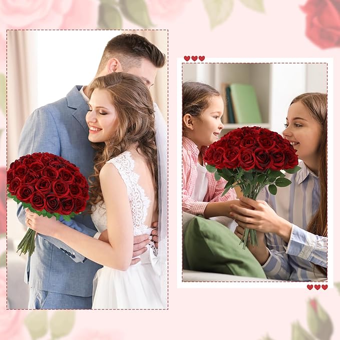 36 Pcs Burgundy Artificial Roses with Long Stems, Fake Silk Rose Artificial Flowers Bulk for Bridal Wedding Bouquet Centerpiece Ball Arrangement Party Decor