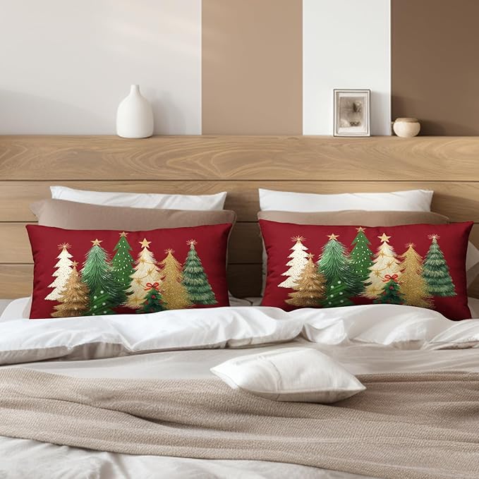 Red Christmas Lumbar Pillow Covers 12x20 Set of 2 Gold Green Xmas Tree Pillow Case Winter Holiday Throw Pillow Covers Rectangular Decorative Cushion Case for Couch Sofa
