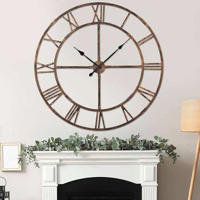 Large Wall Clock for Living Room Decor – 48 Inch Knocked-Down (KD) Silent Non-Ticking Modern Farmhouse Wall Clock, Oversized Decorative Metal Roman Numeral Clock, Bronze