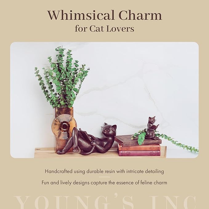 Young's Inc. Cat Figurine - Cute Cat Statue - Whimsical Cat Decor for Cat Lovers - Cat Collectibles and Meditation Decor - Cat with Mirror - 4'' L X 2'' W X 4'' H
