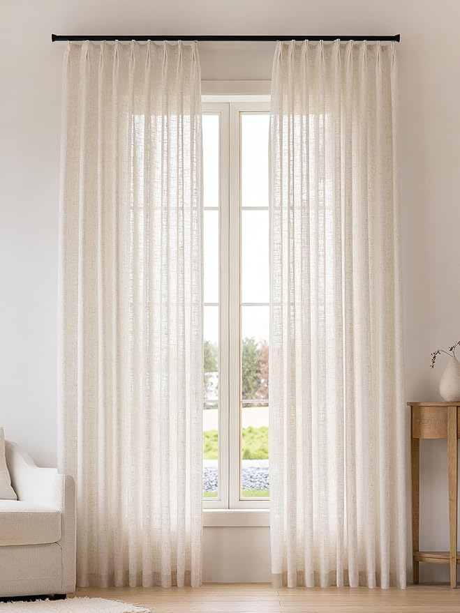 Liz Pinch Pleated Linen Curtains 92 Inches Long - Light Filtering Curtains for Living Room, Semi Sheer Window Curtains for Bedroom, Luxury Pinch Pleated Drapes with Hooks, Natural, 2 Panels Set