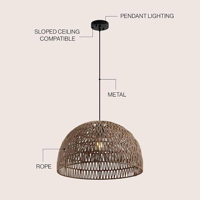 JONATHAN Y 20" Brown Modern Bohemian Woven Rope LED Pendant Light Fixture, Adjustable Dome Ceiling Lamp for Kitchen Island, Rope Shade, Coastal Farmhouse Decor (JYL6504F)