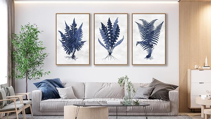 Large Botanical Wall Art for Living Room Natural Wood Float Framed Art Set of 3 Plant Pictures Boho Artwork Navy Blue Grass Canvas Prints for Bedroom Kitchen Home Office Wall Decor 32"X48"X3
