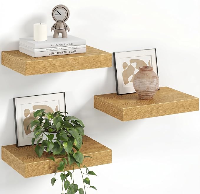 Fun Memories 12 Inch Floating Shelves for Wall Set of 3, Wood Grain Bathroom Shelves with Invisible Brackets, Easy Install Wood Storage Shelves for Kitchen, Living Room, Bedroom, Oak