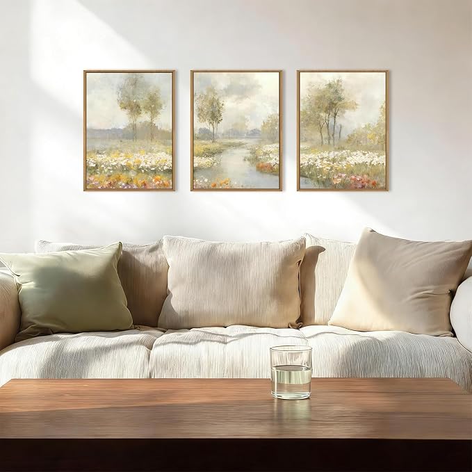 HPNIUB Large Watercolor Wildflower Framed Canvas Wall Art,Vintage Landscape Wall Decor,Rustic Wilderness Field Art Prints,Nature Floral Tree Artwork for Living Room,Bedroom,Farmhouse,Office -12"x16"x3