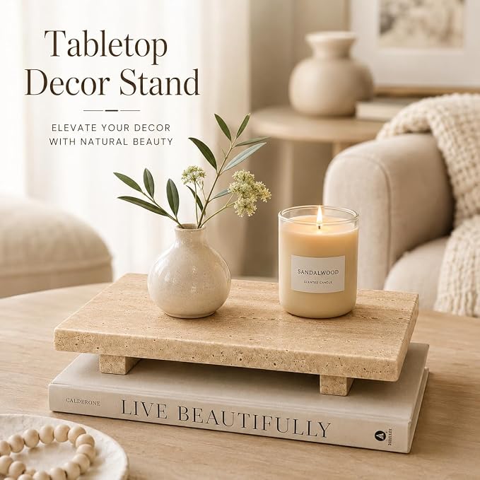 Travertine Pedestal Decorative Tray 13.8 x 6.7 in | Vanity Tray for Perfume, Jewelry, Keys and Candles, Catchall Tray for Bathroom Counter, Dresser and Entryway Decor