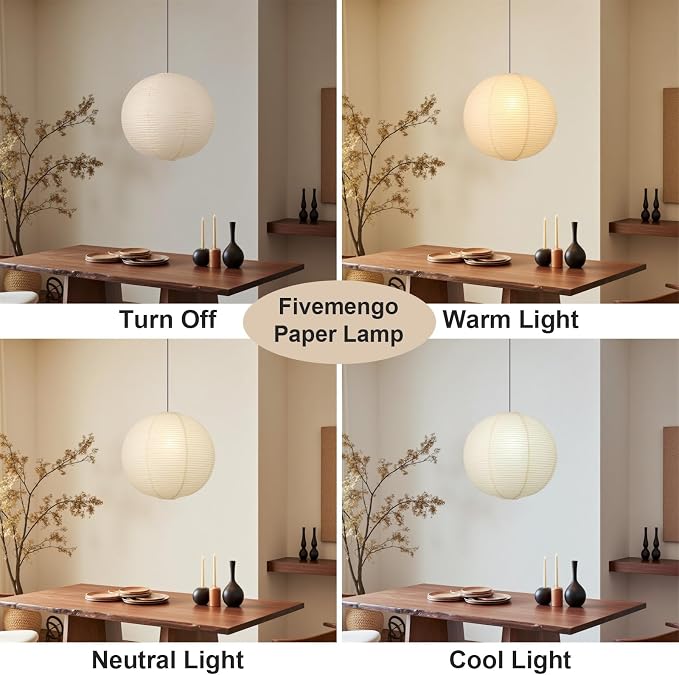 Paper Lantern Lamp Plug in Hanging Lamp, 20in Off-White Rice Paper Pendant Light with 19.7FT Cord Large Globe Japanese Japandi Wabi Sabi Chandelier for Dining Living Room Bedroom 1 Pack