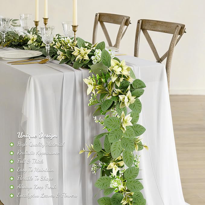 2Pcs 6FT Artificial Eucalyptus Garland with Flowers, Fake Greenery Vines Spring Ivy Leaves for Wedding Backdrop Arch, Table Centerpieces, Party, Home Room Party Indoor Outdoor Spring Decor