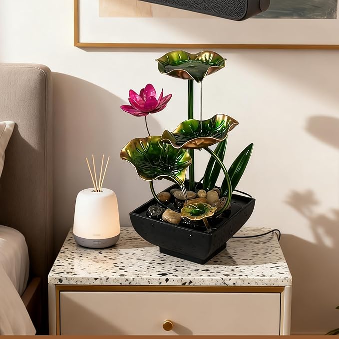 AOZITA Tabletop Fountain, Indoor Waterfall Fountain, Tall Home Décor Zen Relaxation Soothing Sound Machine for Office, Living Room, or Bedroom, Green Metal Lotus with Flower, River Rocks, LED