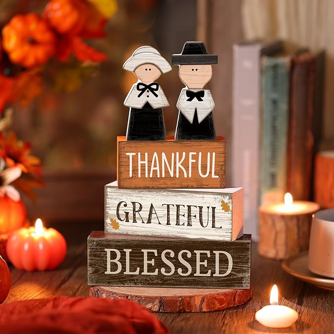 Lineshading 4 Pcs Thanksgiving Table Decoration Wooden Pilgrim Couple Decor Thanksgiving Tiered Tray Decor Fall Centerpiece Rustic Decorative Pilgrim Block Signs Gift Farmhouse for Home Kitchen