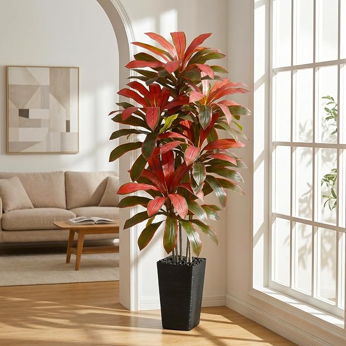 Artificial Dracaena Tree：6FT Faux Silk Tropical Yucca Floor Trees Realistic Fake Green Plant with Natural Wood Trunk & Lifelike Leaves for Home Office Decor Indoor & Outdoor (6FT,1-Pack,Black)