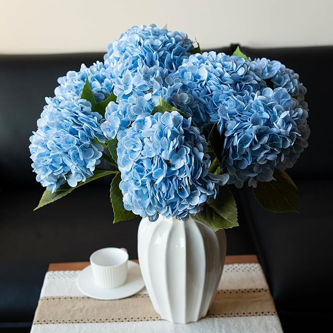 DUYONE 4PCS Artificial Flowers Large Hydrangeas Flowers Latex Bouquet for Wedding Bridal Office Home Party Decoration (2Pcs White+2Pcs Blue)