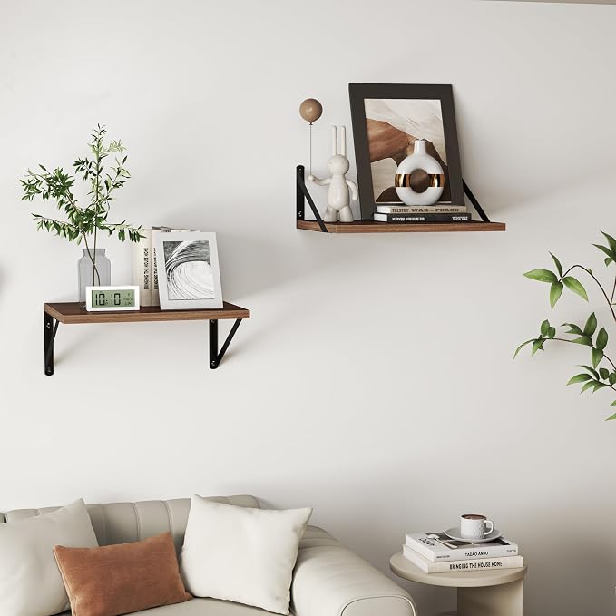 Heimlove 12 Inch Deep Floating Shelves for Wall, 32W x 12D Wood Wall Shelves Set of 2, Walnut Wide Floating Bookshelf for Living Room, Kitchen, Office, Bedroom, with Black Metal Bracke - Walnut