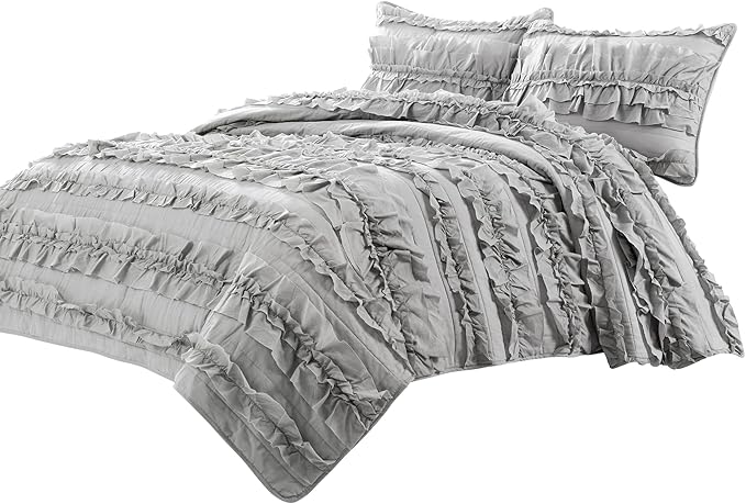 Lush Decor Belle Quilt Queen Size 3 Piece Set Full/Queen Light Grey - Ruffle Bedding Set - Cute Quilt - Coquette Decor - Queen Bedding