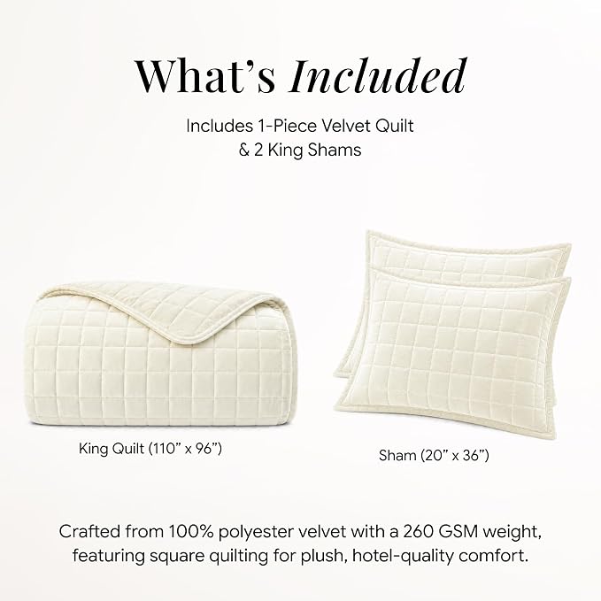 Tribeca Living Luxury Velvet Quilt King Size Set - 260GSM Ultra-Soft Oversized Velvet Bedspread Comforter Set with 2 Shams, in Florence Ivory