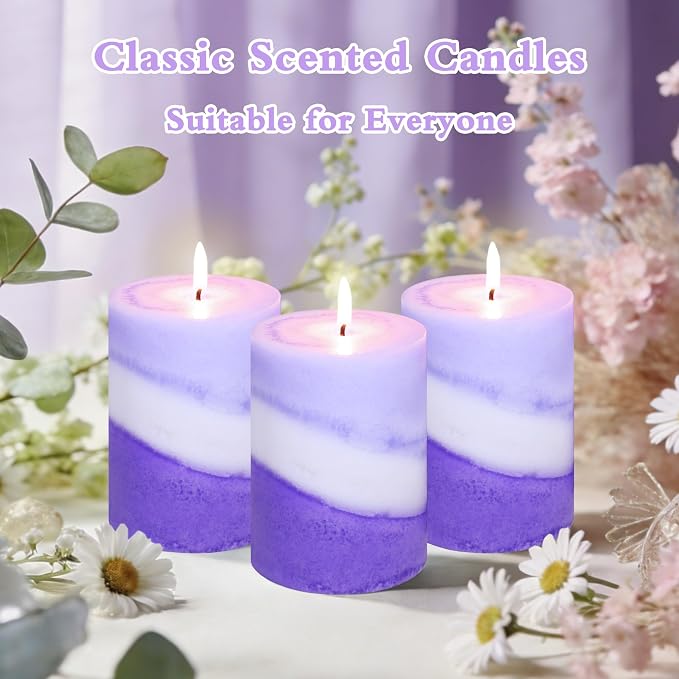 Lavender Scented Pillar Candles, Purple and White Striped, 3x4 Inch, 100% Cotton Core Handmade Paraffin Wax Candles for Bathroom Living Room Home Decor, Set of 3