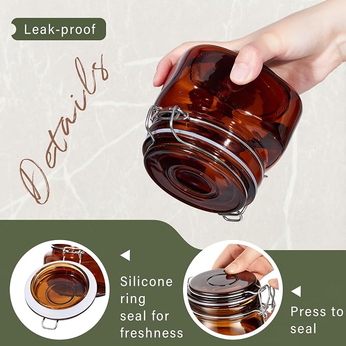 Norme 6 Pack 16oz Amber Airtight Glass Jars with Lids, Square Food Storage Container Airtight Food Wire Clip Fastening for Sauerkraut Flour Kitchen Sugar Cereal Kitchen Canning Pickling Mason Jars