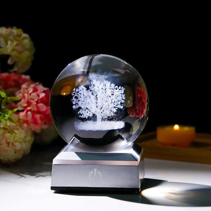 Ornalrist Crystal Ball 3D Engraved Tree of Life with LED Colorful Base, 3.15" 8CM Glass Sphere Ideas for Family Home Decor Display, Gifts for Men Women Friends on Birthday Christmas