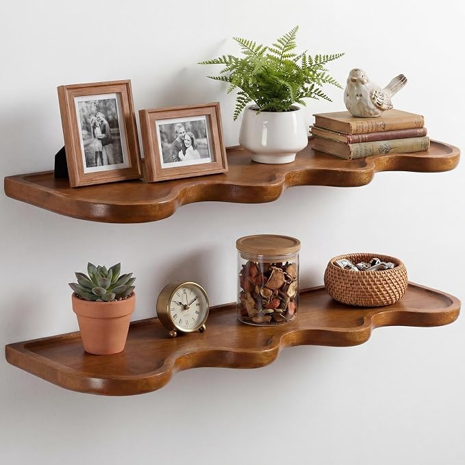 Pinkunn 2 Pcs Walnut Floating Shelves for Wall 24 Inch Wave Live Floating Shelf Wooden Live Edge Shelves Wall Decor for Bathroom Bedroom Living Room Office, Scalloped Mounted Display Hanging Shelf
