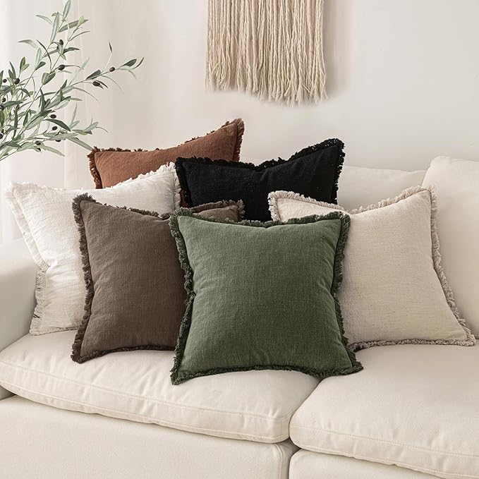MIULEE Decorative Throw Pillow Covers Neutral Linen Fringe Throw Pillows Set of 2 Chocolate Brown Boho Farmhouse Cushion Covers with Tassels for Couch Sofa Bed Living Room Spring Decor 20x20 Inch