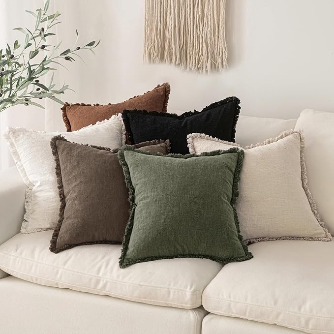 MIULEE Decorative Throw Pillow Covers Neutral Linen Fringe Throw Pillows Set of 2 Chocolate Brown Boho Farmhouse Cushion Covers with Tassels for Couch Sofa Bed Living Room Fall Decor 20x20 Inch