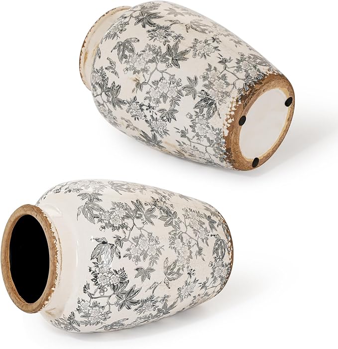 Sungmor Ceramic Flower Vase, Vintage Ice Cracked Glaze Porcelain Vase, Pretty Home Decor Vase for Flower Arrangement, Fresh Flowers, 10.2 Inch Tall Chinoiserie Pottery Vase, Gray Floral Pattern